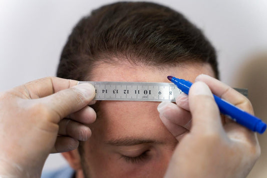 A man undergoing a PRP hair loss treatment as a specialist measures his hairline, illustrating the precision of regenerative hair restoration. PRP hair therapy, platelet-rich plasma hair growth