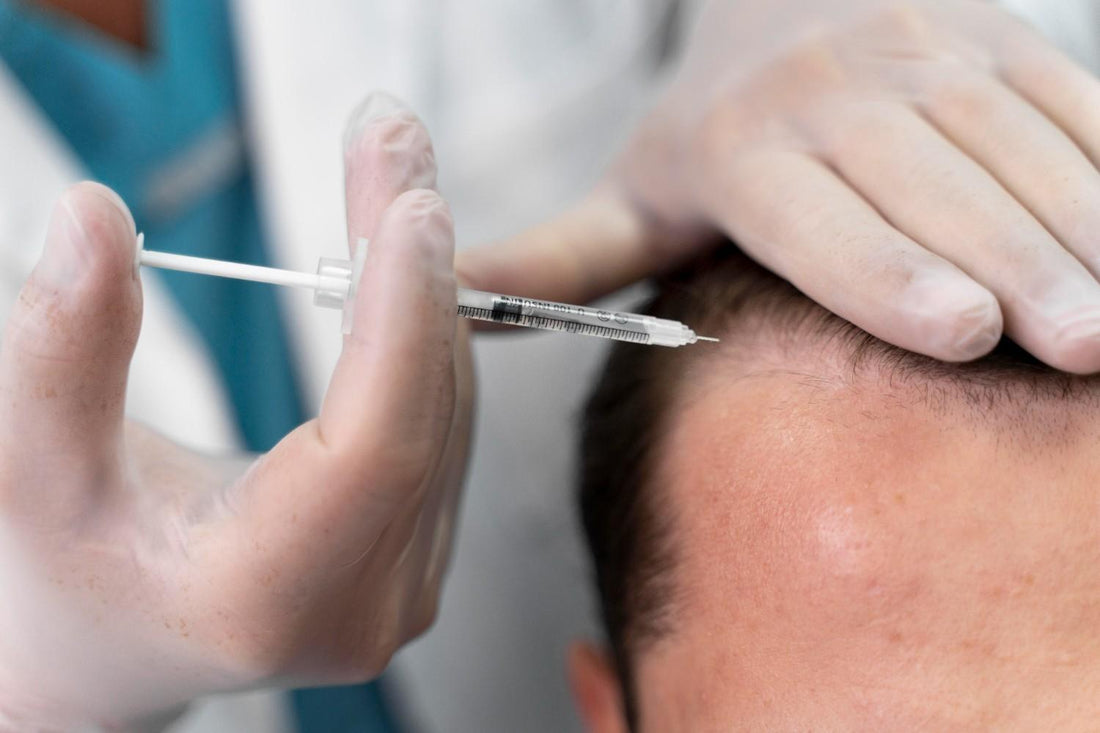 A doctor performing a scalp injection treatment on a male patient to reduce hair loss and inflammation, illustrating an advanced hair loss treatment oil and medical approach. scalp care routine, psoriasis hair remedies, dermatologist hair treatment