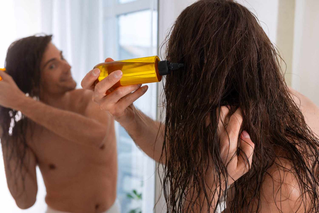 A man applying olive oil to his hair in front of a mirror, showing how olive oil strengthens the hair’s protein bond and promotes healthy growth. olive oil for hair, protein and hair, hair and protein,