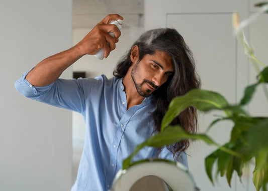 A man spraying his hair with a product while looking in the mirror, symbolizing daily use of a shampoo that helps hair growth. hair strengthening shampoo, scalp cleansing routine, anti-hair fall shampoo, keratin repair formula