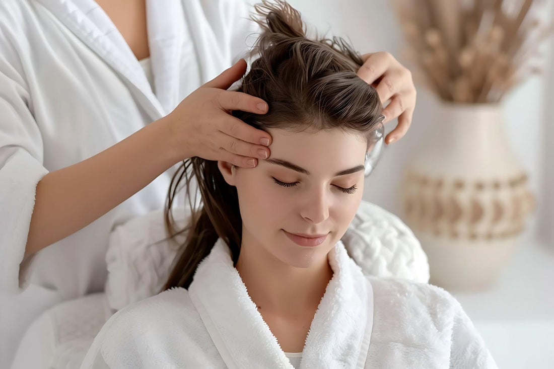 A woman receiving a relaxing scalp massage with nourishing hair oil, representing Ayurvedic hair care. ayurvedic hair oil, natural hair care, best hair oil for men, scalp massage benefits, herbal hair loss treatment