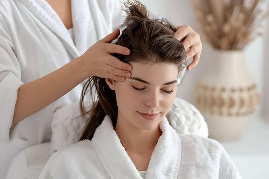 A woman receiving a relaxing scalp massage with nourishing hair oil, representing Ayurvedic hair care. ayurvedic hair oil, natural hair care, best hair oil for men, scalp massage benefits, herbal hair loss treatment