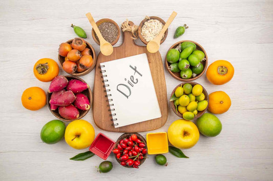 A flat lay of colorful fruits, grains arranged representing a balanced nutrition plan for hair health. nutrient-rich diet for hair, healthy food for hair growth, vitamin-packed fruits, balanced hair nutrition, biotin-rich meal plan