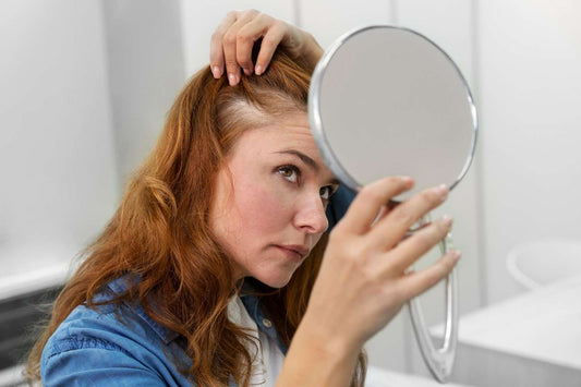 A woman checking postpartum hair thinning in the mirror, highlighting the need for a hair care kit. postpartum hair shedding, new mother hair care