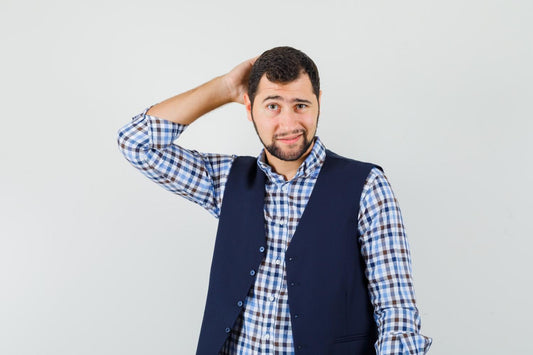 Representing men’s hair loss and the search for effective hair regrowth products. A man scratching his head with a thoughtful expression, representing men’s hair loss and the search for effective hair regrowth products.