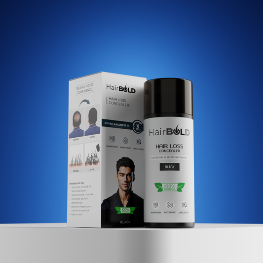 HairBOLD hair loss concealer packaging and bottle on a blue background