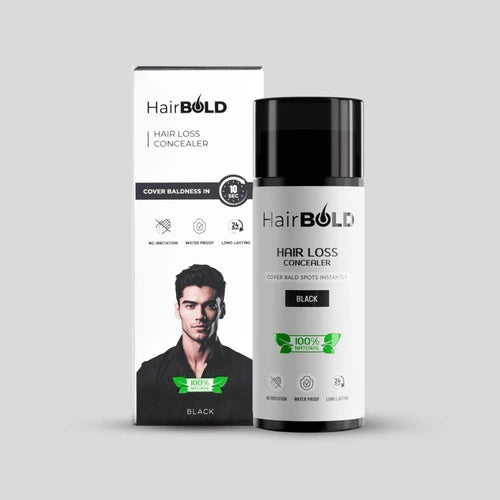 HairBOLD Natural Hair Building Fibre in black color for men with bald patches ⁠